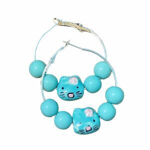 Cat‎ Charm Beaded Hoop Earrings Silver Teal Beads